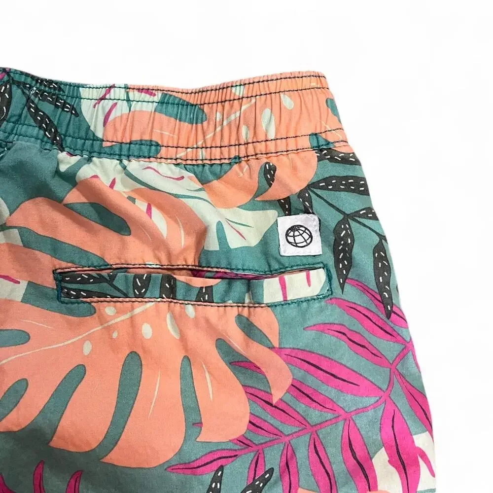 Free Planet Cotton Swim Shorts Women’s M Pink Orange Teal Tropical Leaf Print